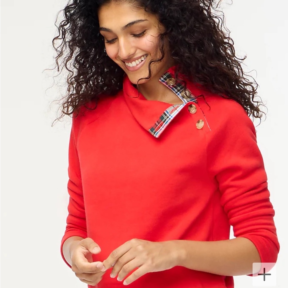 J. Crew Red Cowl Neck Sweatshirt with Plaid Accent